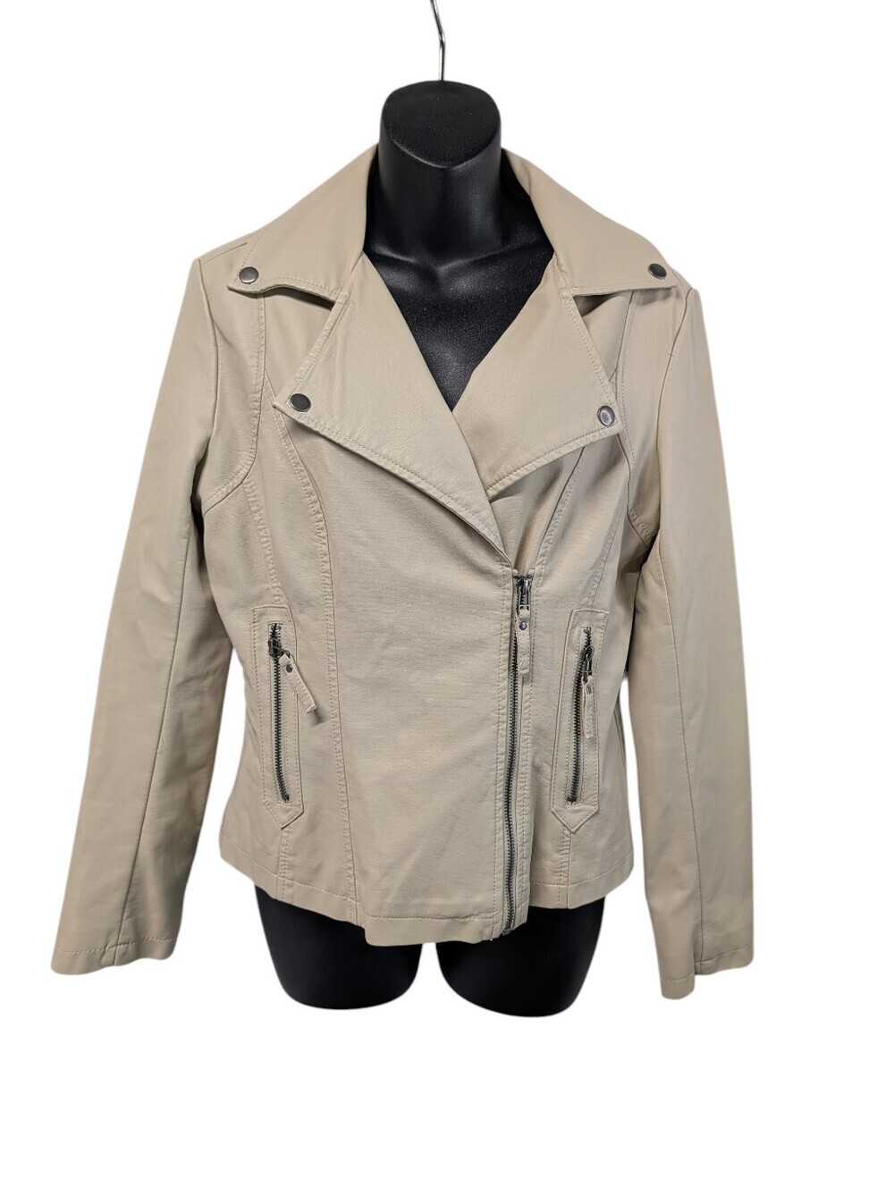 Max Studio Beige Faux Leather Moto Jacket Asymmetrical Zip Size Small S